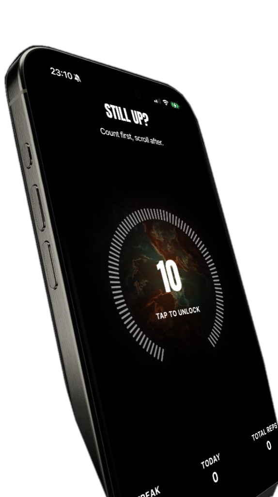 PushGate lock screen. Ten push-ups to unlock. Count first, scroll after.